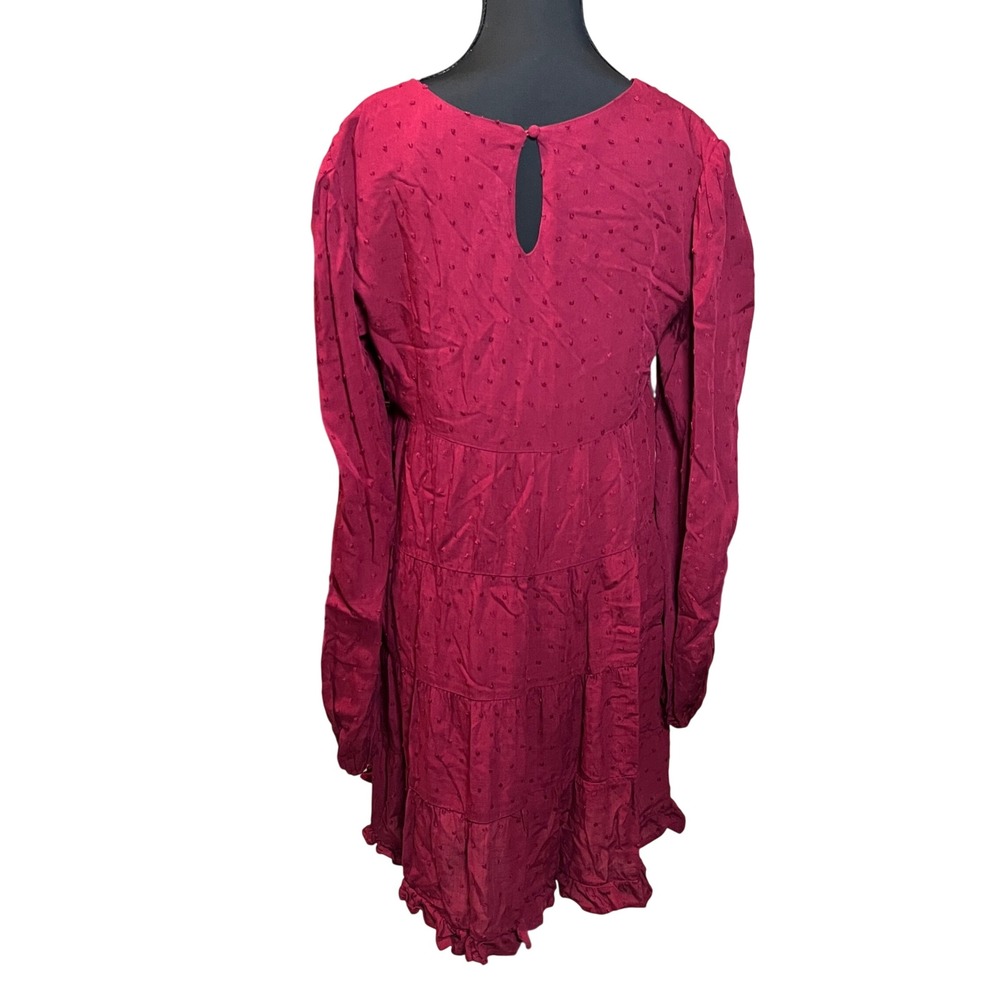 Mi Ami Burgundy Clip Dot Tiered Mini Dress Long Sleeve V-Neck Boho Wine Sz S - Picture 3 of 11